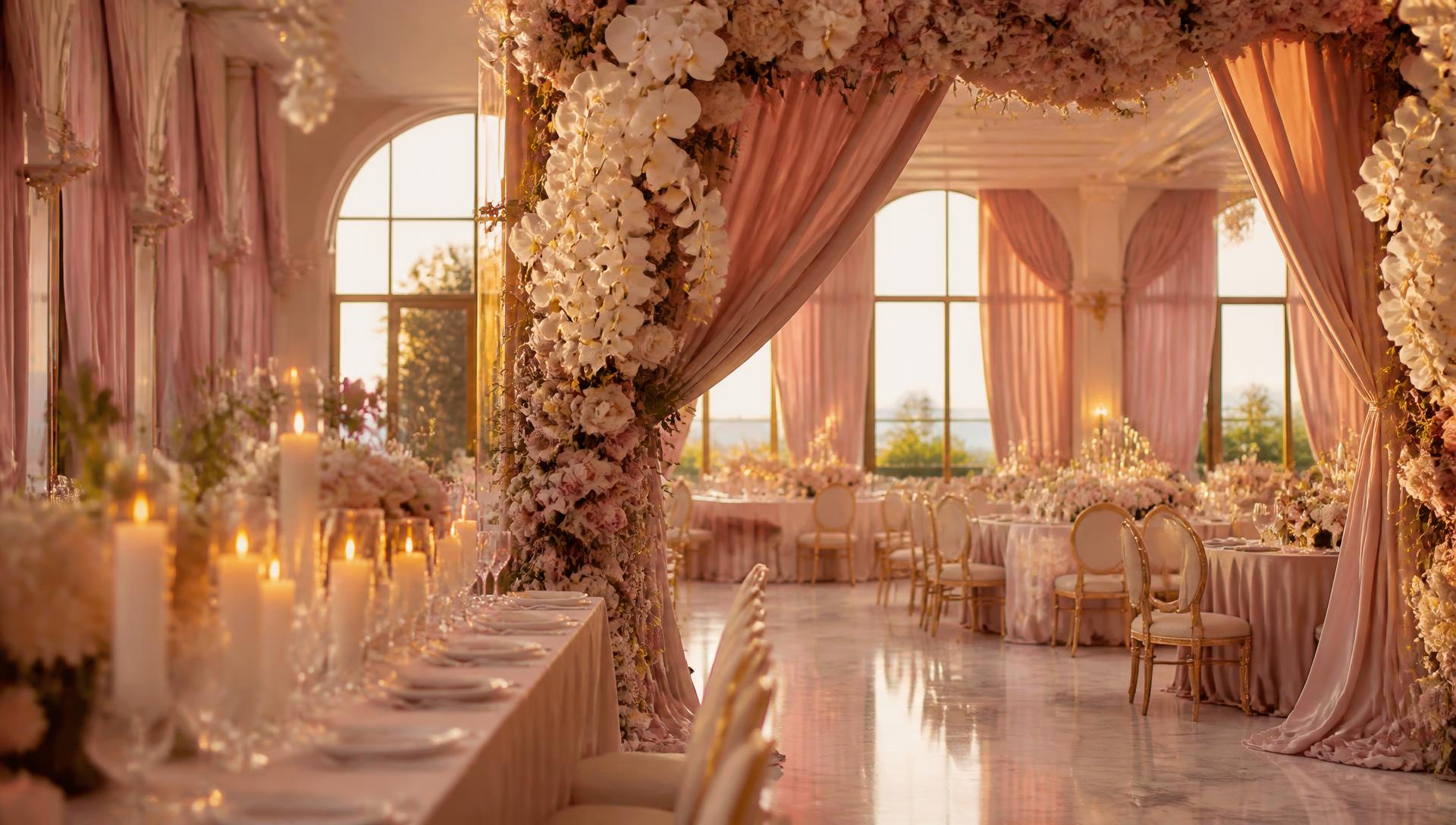 Ballroom pernikahan bernuansa blush dengan lilin dan bunga
